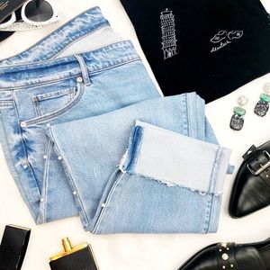 Light Wash Pearl Embellished Cuffed Ankle Jeans